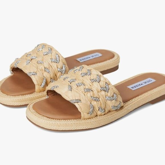 Steve Madden Alibi Rhinestone Slide Sandal- Natural Raffia - Picture 2 of 14